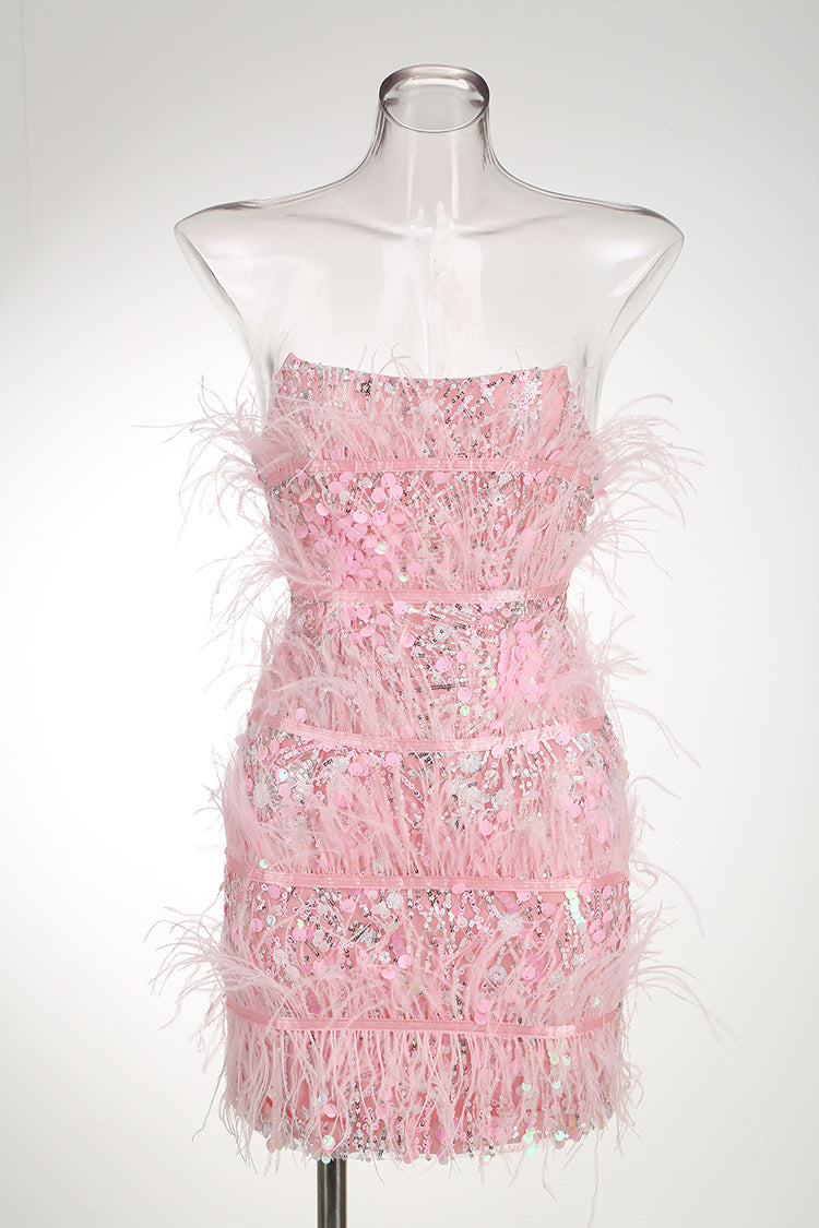 Party Fashion High-end Barbie Pink Sequin Ostrich Feather Dress