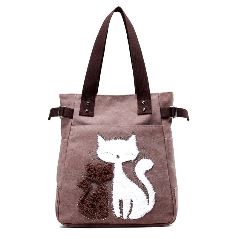 KVKY Femal Canvas Bags with Cute Plush Cat Appliques