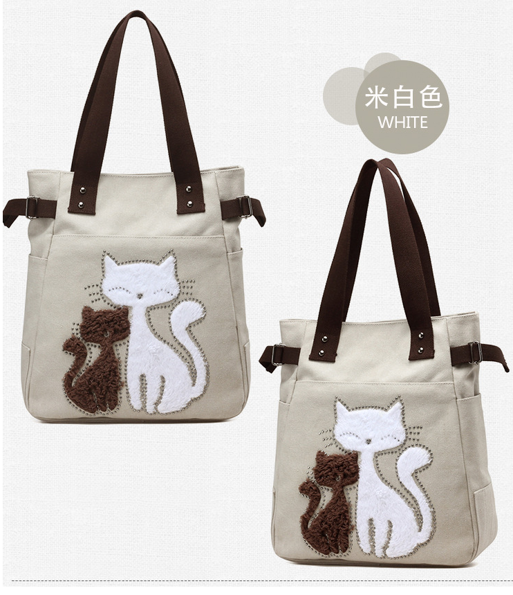 KVKY Femal Canvas Bags with Cute Plush Cat Appliques