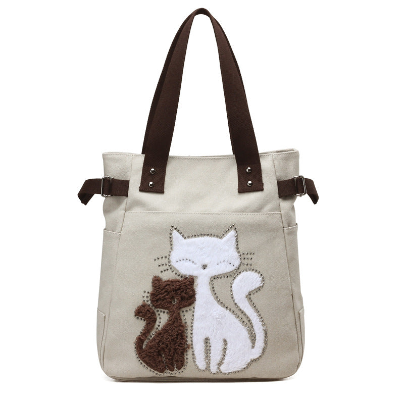 KVKY Femal Canvas Bags with Cute Plush Cat Appliques