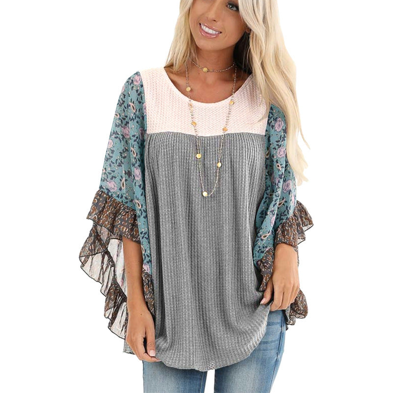 Batwing Sleeve Printed Color Block Waffle Top