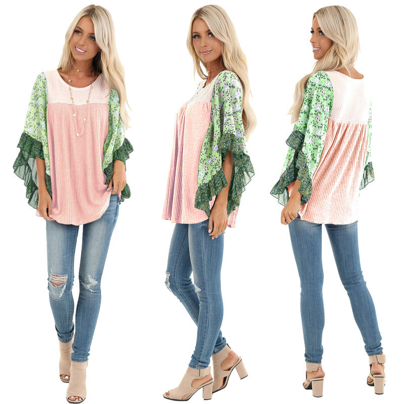 Batwing Sleeve Printed Color Block Waffle Top