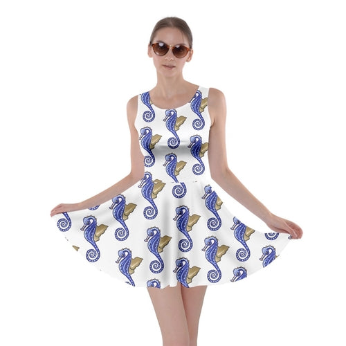 Blue White Seahorse Skater Dress