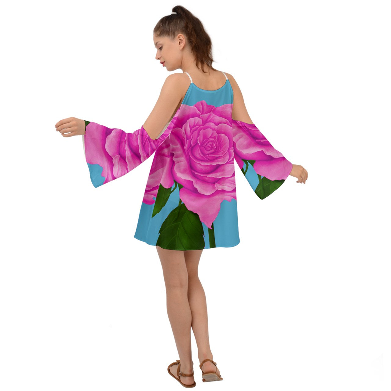 Pink Aqua Rose Kimono Sleeves Womens Boho Dress