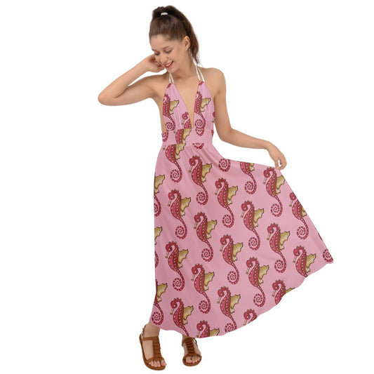 Pink Seahorses Backless Maxi Beach Dress