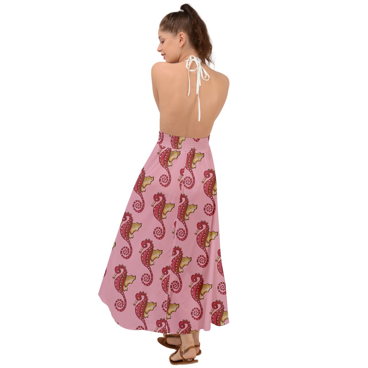 Pink Seahorses Backless Maxi Beach Dress