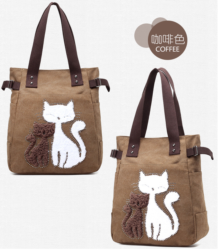 KVKY Femal Canvas Bags with Cute Plush Cat Appliques