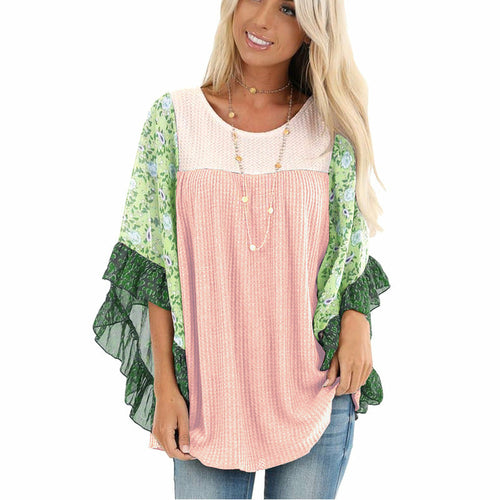 Batwing Sleeve Printed Color Block Waffle Top