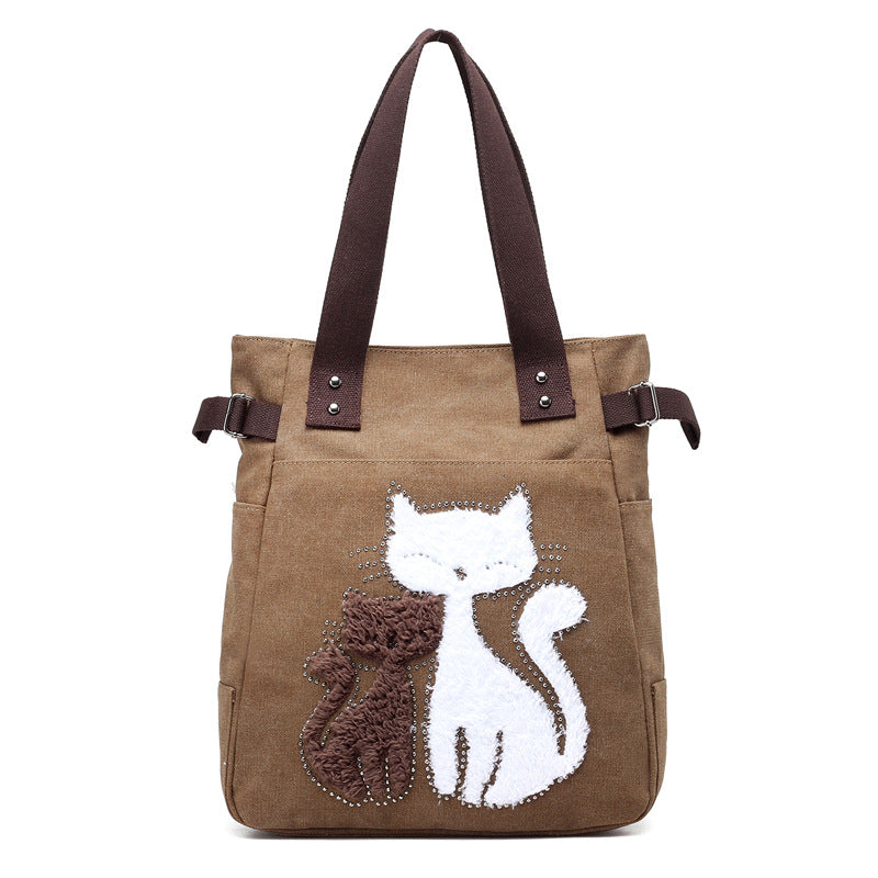 KVKY Femal Canvas Bags with Cute Plush Cat Appliques