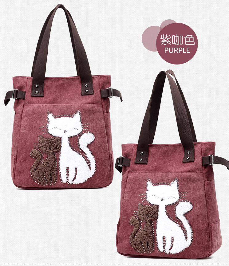 KVKY Femal Canvas Bags with Cute Plush Cat Appliques