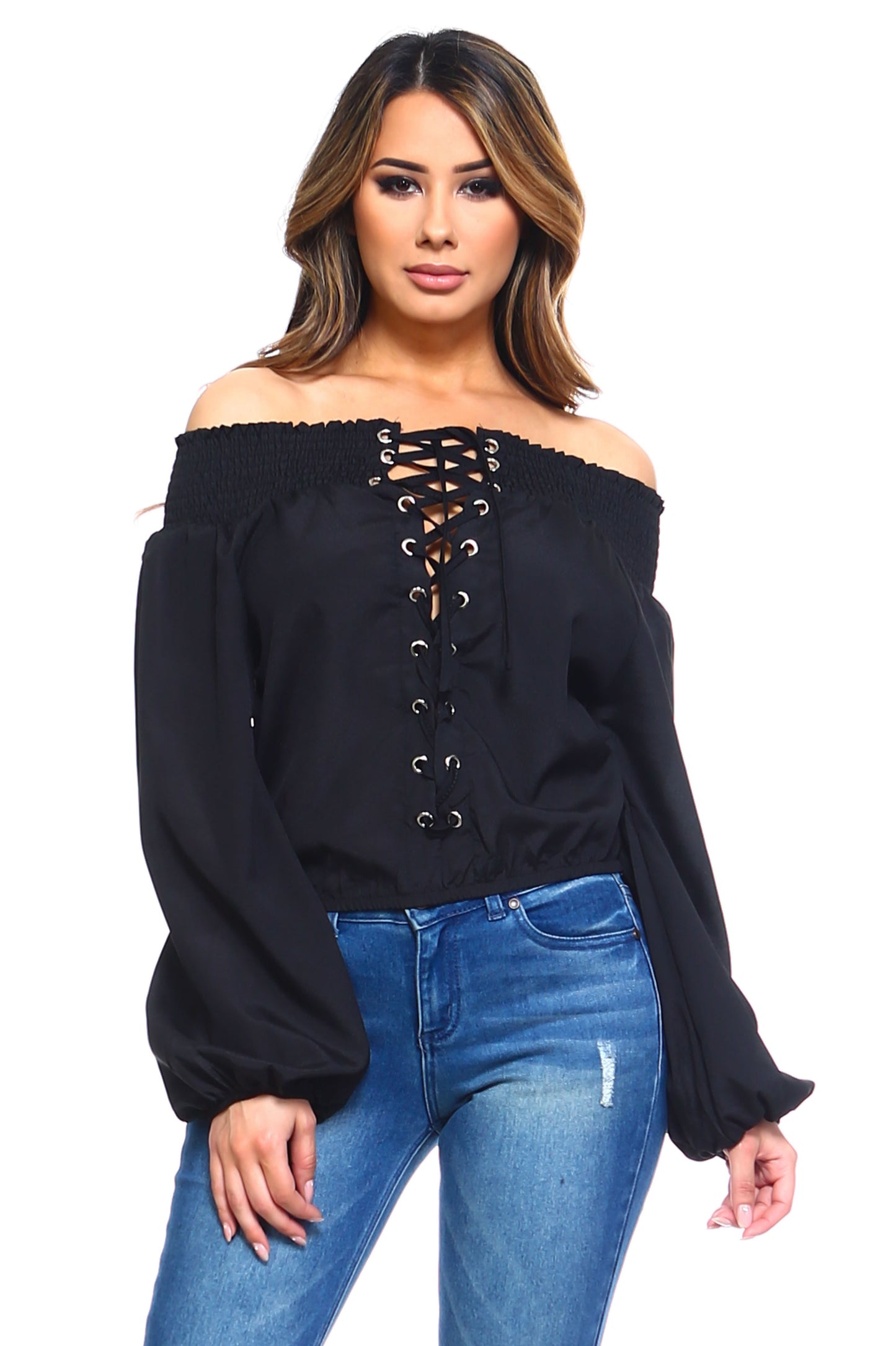 Women's Lace-Up Off Shoulder Elastic Blouse