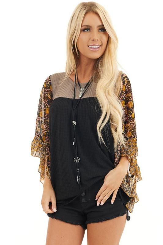 Batwing Sleeve Printed Color Block Waffle Top