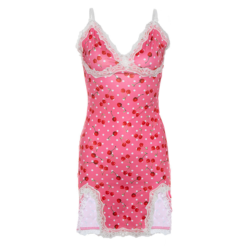 Pink Little Cherry Print Girls Lace Fight Receiving Waist Suspender Dress Women