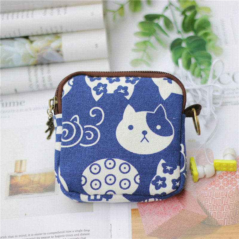 Retro Mini Bag Women Coin Purses Kawaii Short Wallet Girls Cat Small Canvas Purse Card Bags Womens Hand Purses for Ladies Kids