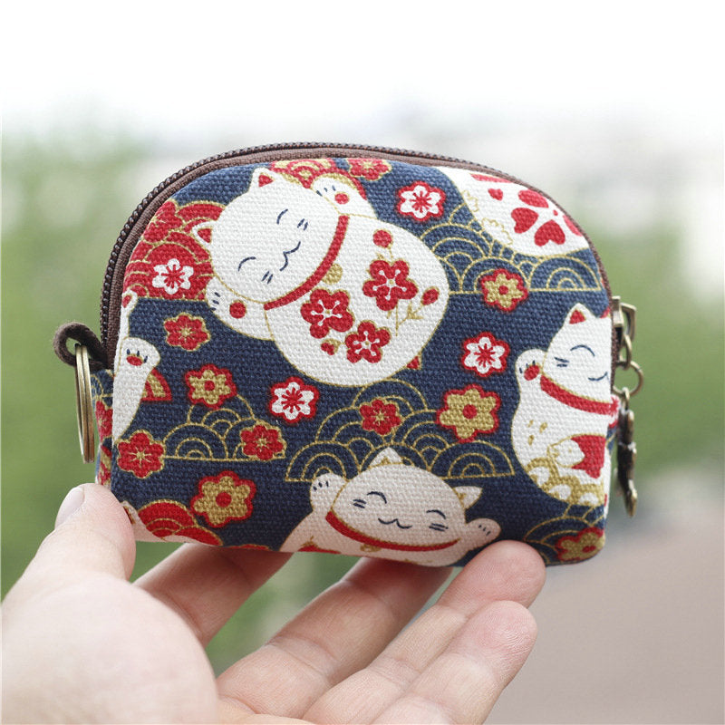 Retro Mini Bag Women Coin Purses Kawaii Short Wallet Girls Cat Small Canvas Purse Card Bags Womens Hand Purses for Ladies Kids