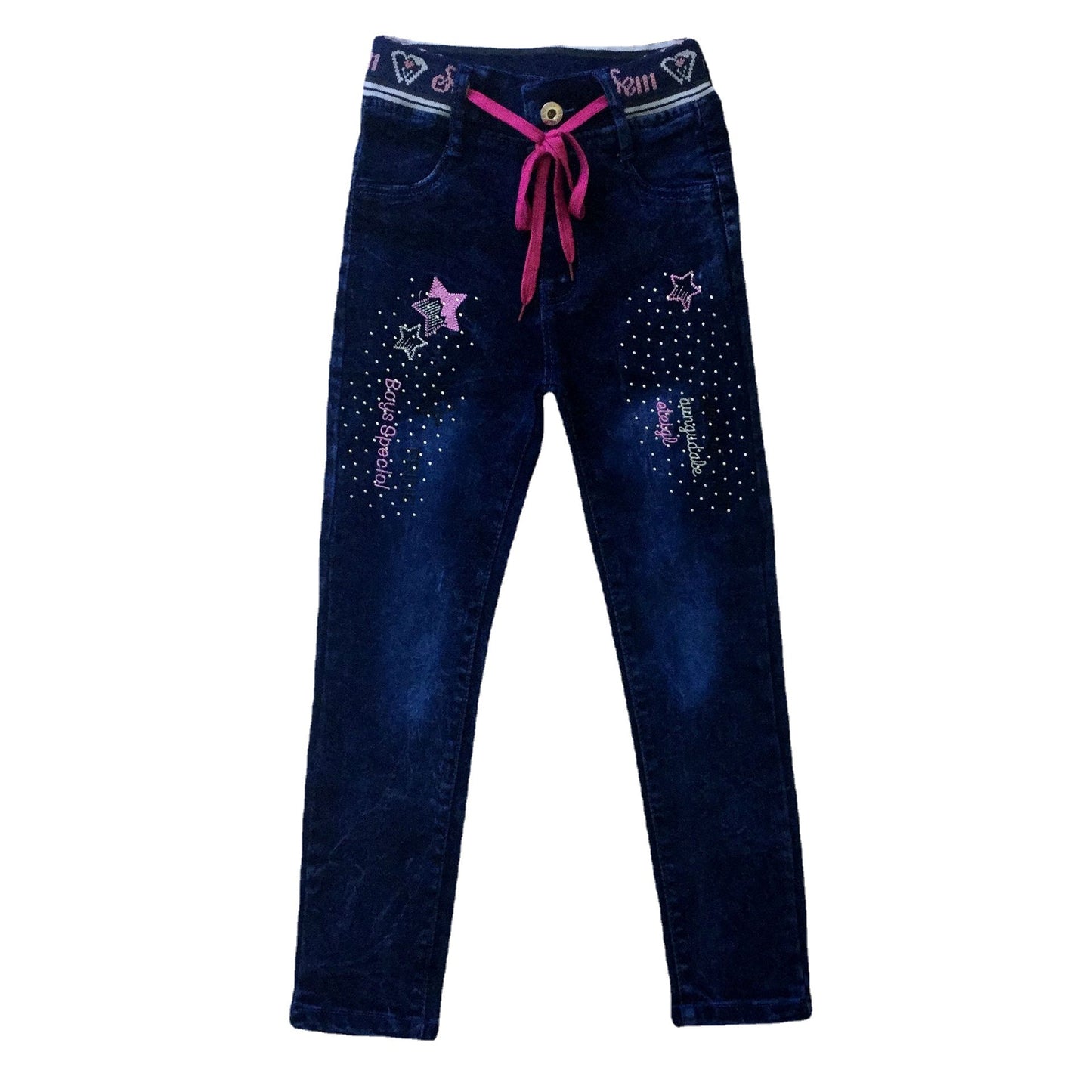 Girls' Ribbed Lace-up Jeans With Hot Diamond Embroidery