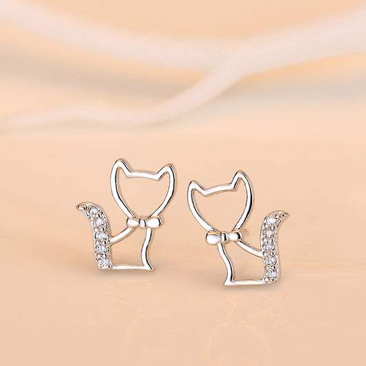 Silver Stud Earrings Butterfly Fox Cat Micro Inlaid Shining