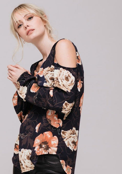 Women's Floral Print Long Sleeve Open Shoulder Top