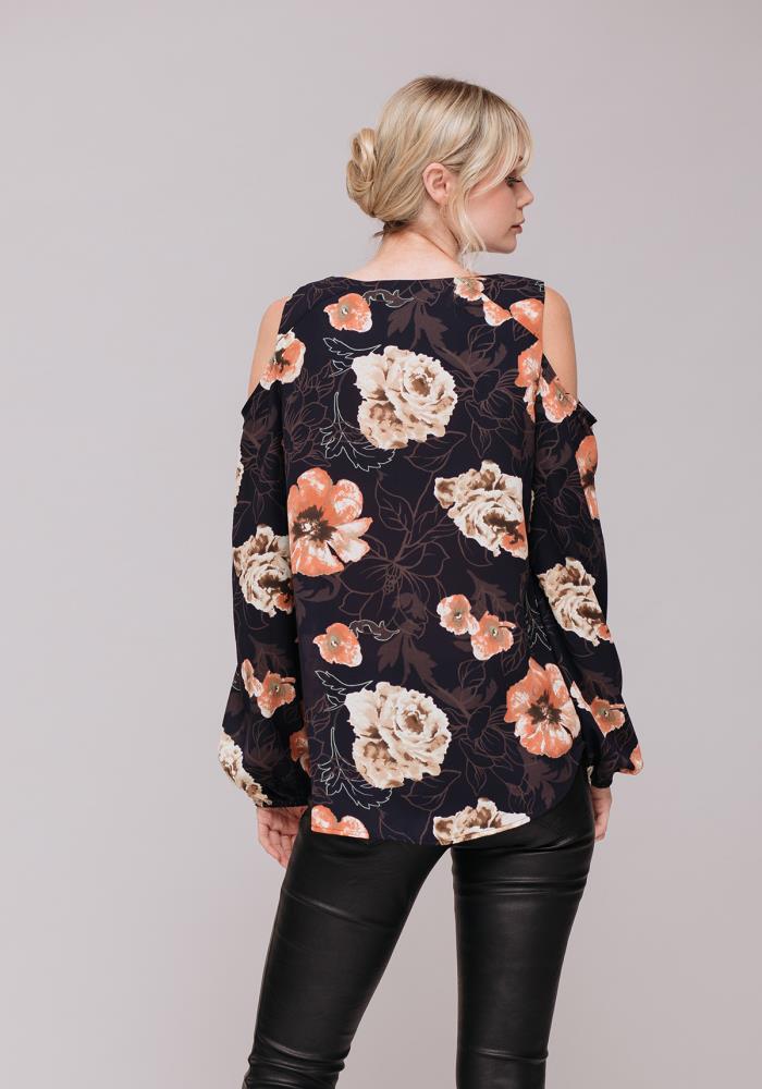 Women's Floral Print Long Sleeve Open Shoulder Top