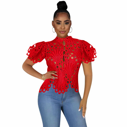 Hollow Out Mesh Lace Shirt Sheer See Through Top Blouse