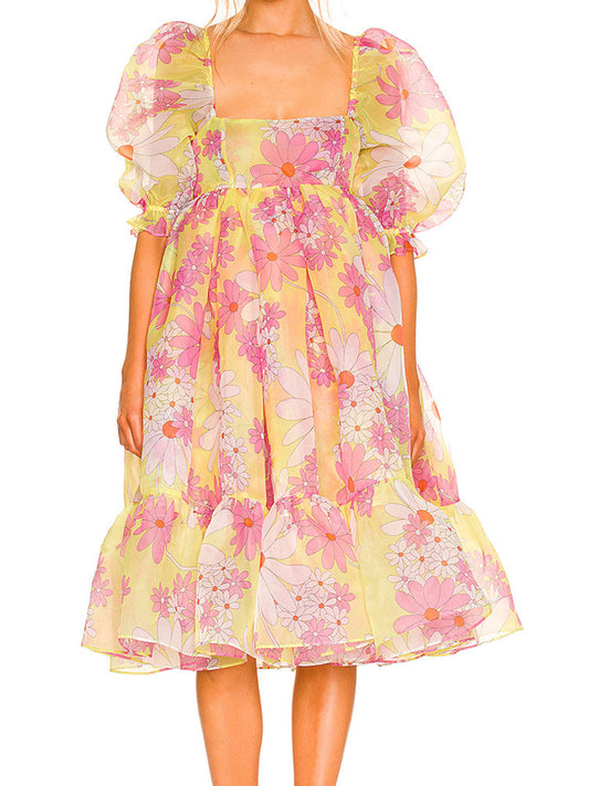 Summer Daisy Flower Print Organza Ball Gown Dress