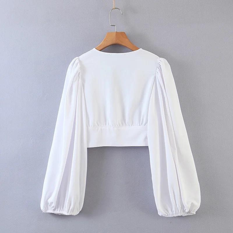 V-neck Lantern Sleeve Single-button Tops