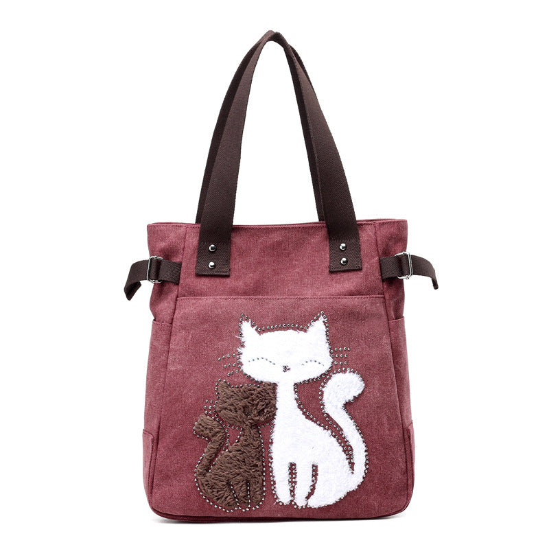 KVKY Femal Canvas Bags with Cute Plush Cat Appliques