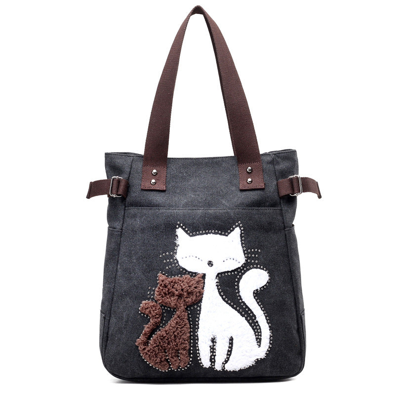 KVKY Femal Canvas Bags with Cute Plush Cat Appliques