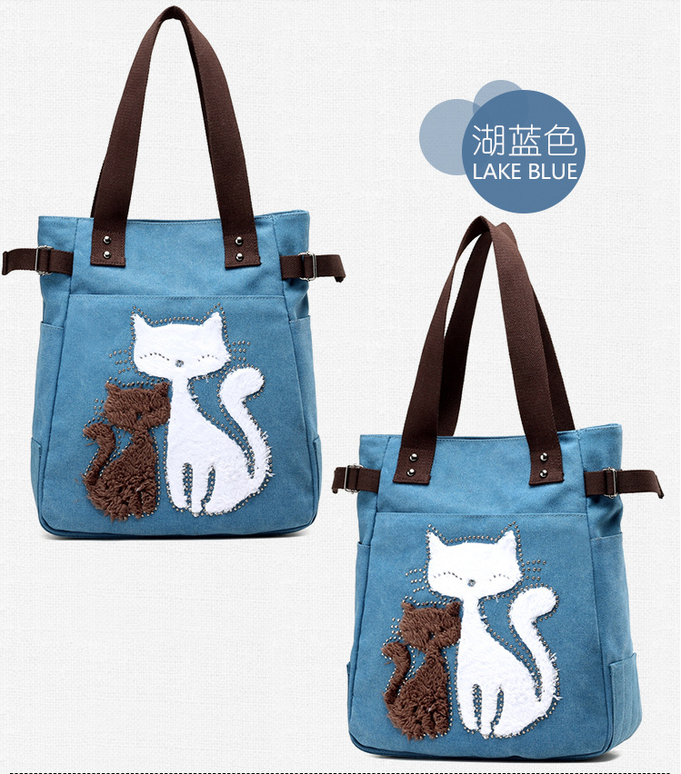 KVKY Femal Canvas Bags with Cute Plush Cat Appliques