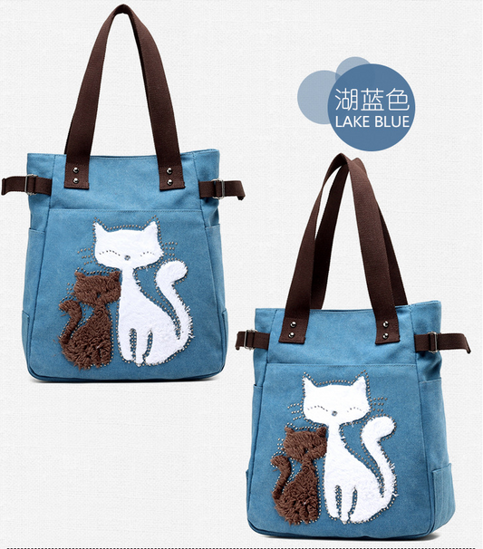 KVKY Femal Canvas Bags with Cute Plush Cat Appliques