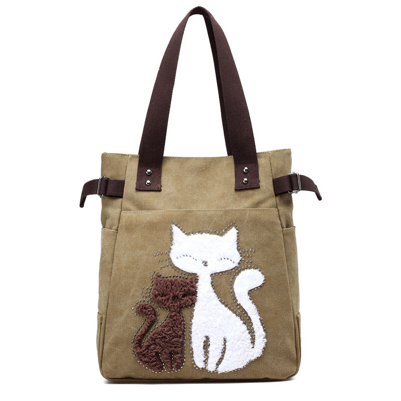 KVKY Femal Canvas Bags with Cute Plush Cat Appliques