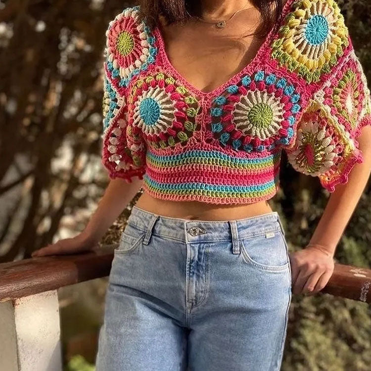 Short Sleeve Sexy Colorful Blouses Rainbow Tops