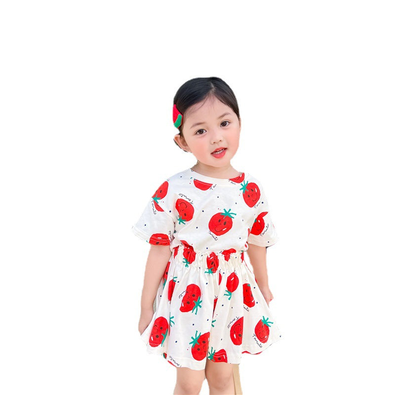 Girl Tomato Suit Western Style Children Round Neck Short Sleeve Culottes Two-piece Suit