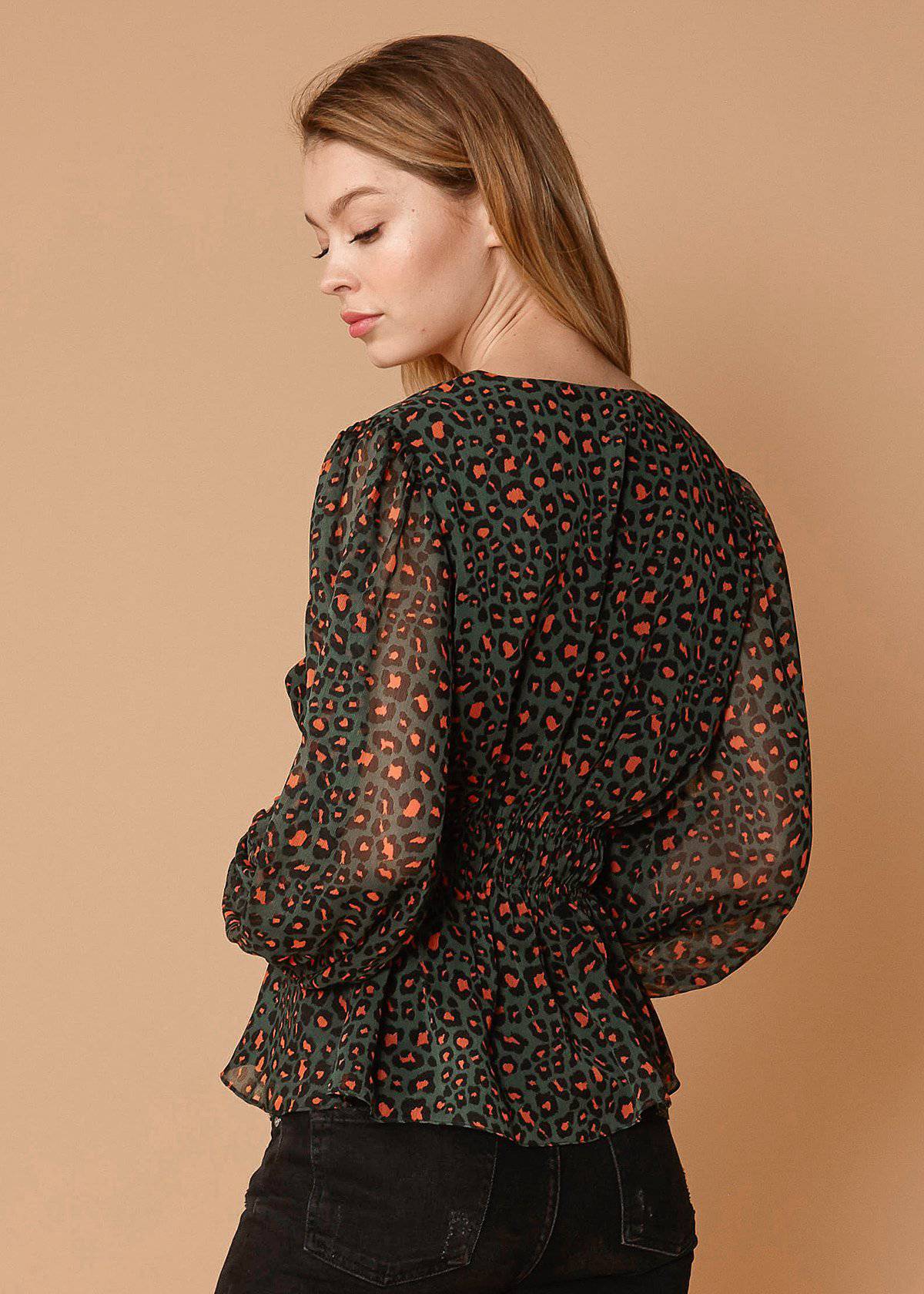 V-neck Puff Sleeve Blouse in Leopard Hunt