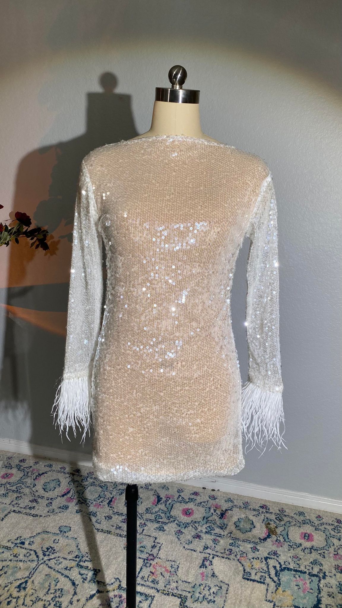 HANDMADE sequins feather trim long sleeve party dress