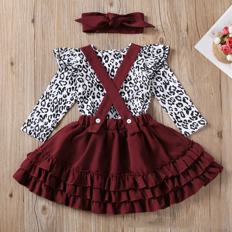 Leopard Print Children's Romper Strap Lace Skirt Girls Set