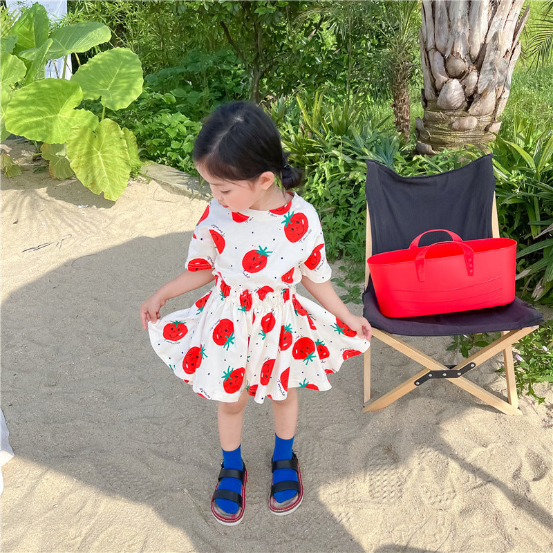 Girl Tomato Suit Western Style Children Round Neck Short Sleeve Culottes Two-piece Suit