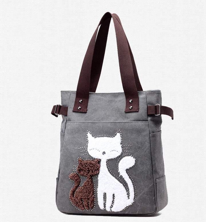 KVKY Femal Canvas Bags with Cute Plush Cat Appliques