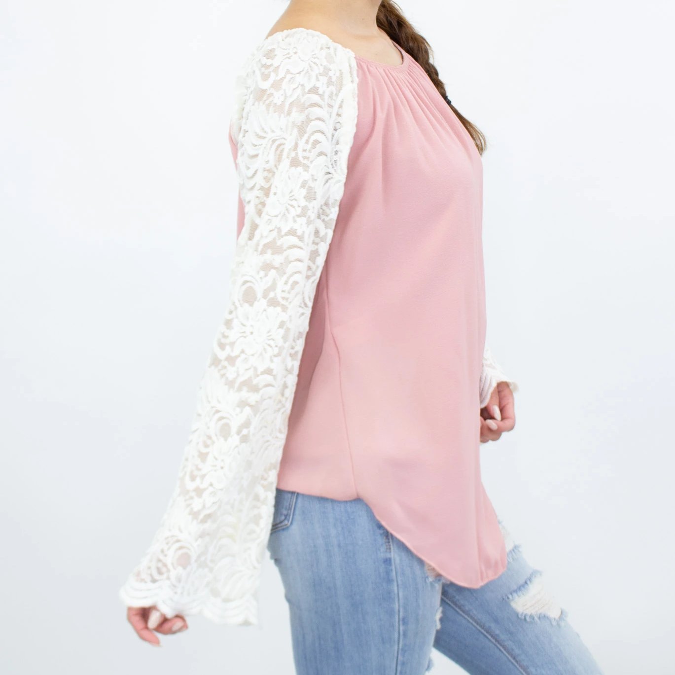 Lace Sleeve Backless Top - Rose