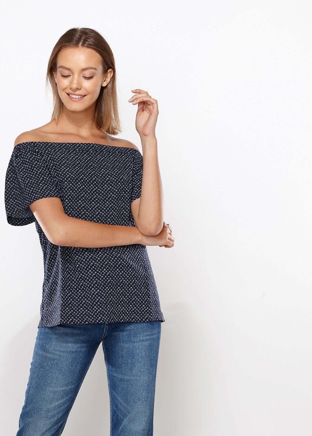 Women's Off Shoulder Top In Navy Tiny Foot