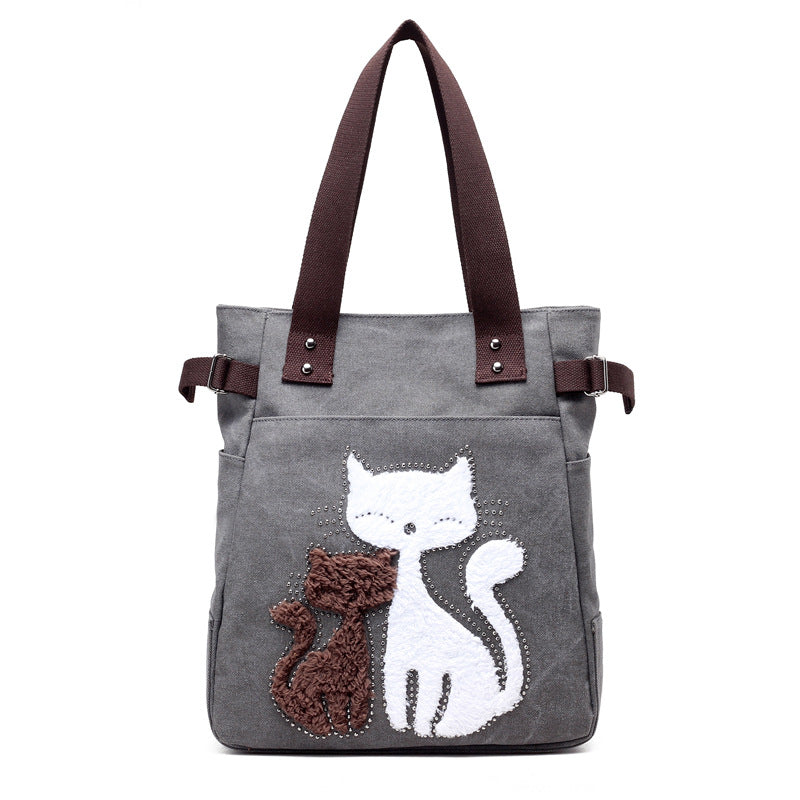 KVKY Femal Canvas Bags with Cute Plush Cat Appliques