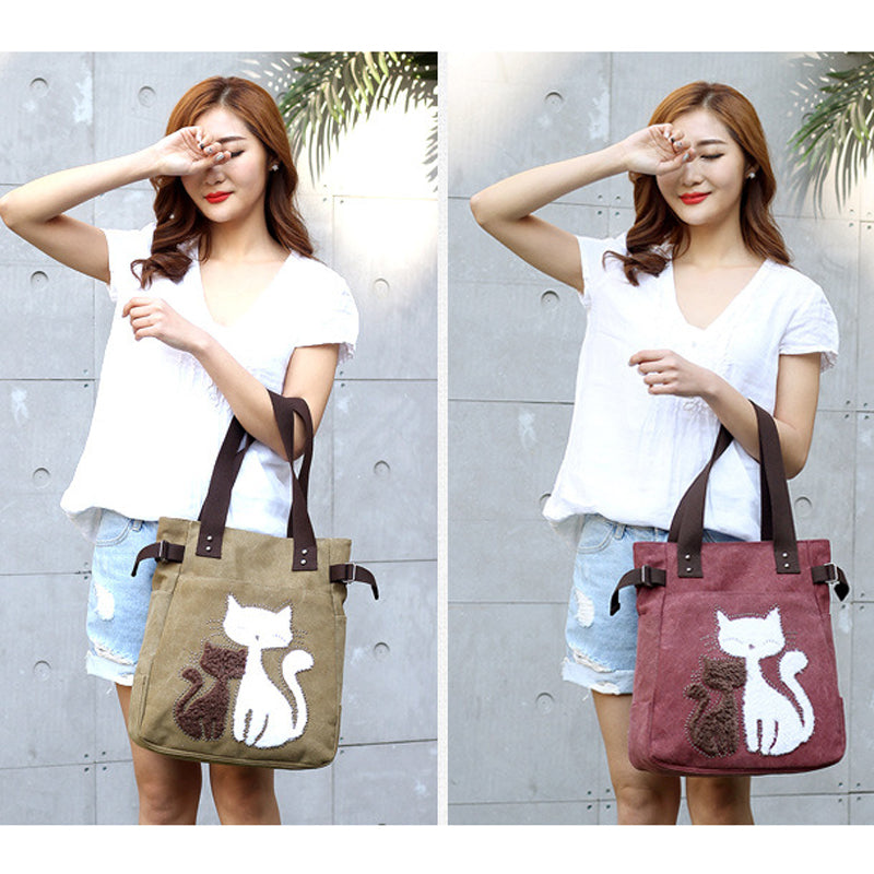 KVKY Femal Canvas Bags with Cute Plush Cat Appliques