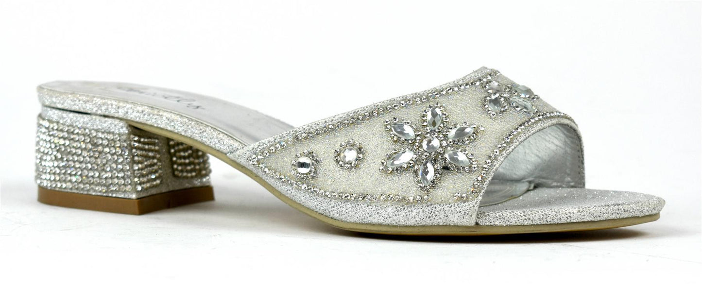 Flower Stone Diamante Block Heel Silver