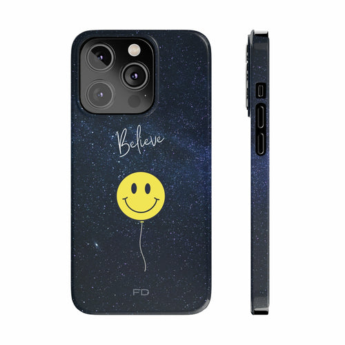 Smiley Face in Space Believe Slim Case for iPhone 14 Series