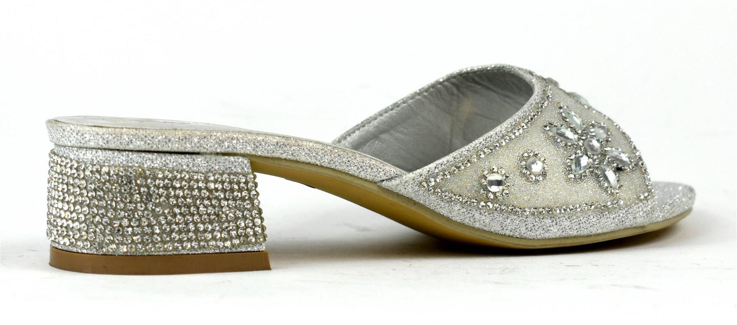 Flower Stone Diamante Block Heel Silver