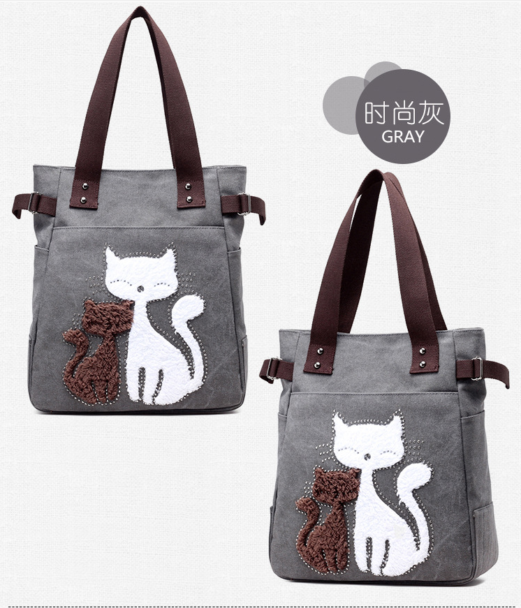 KVKY Femal Canvas Bags with Cute Plush Cat Appliques