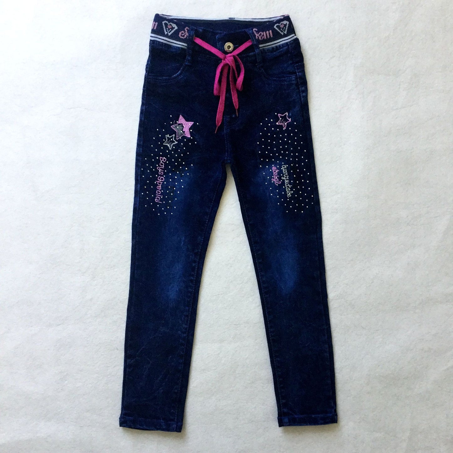 Girls' Ribbed Lace-up Jeans With Hot Diamond Embroidery