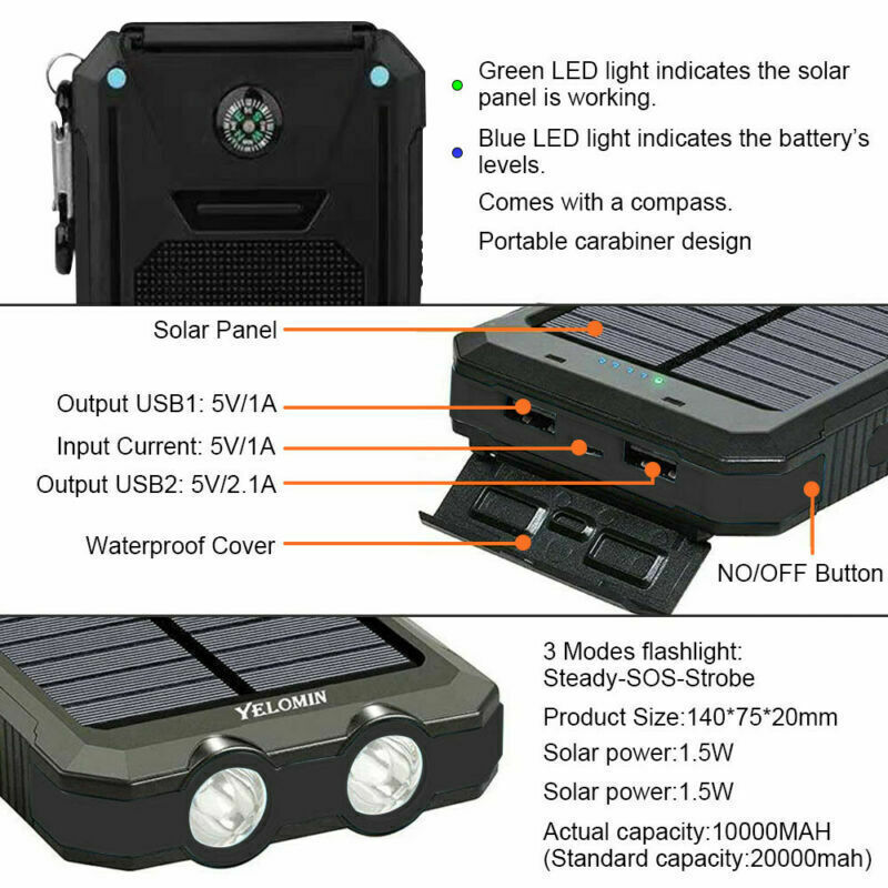 Super Powerful USB Portable Charger Solar Power Ban Waterproof LED