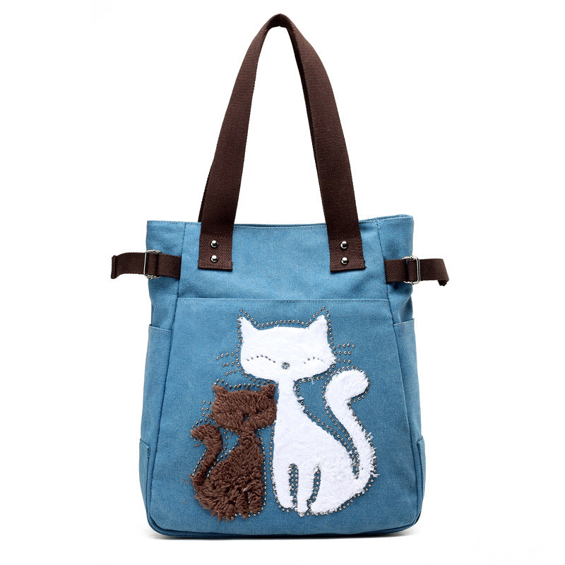 KVKY Femal Canvas Bags with Cute Plush Cat Appliques