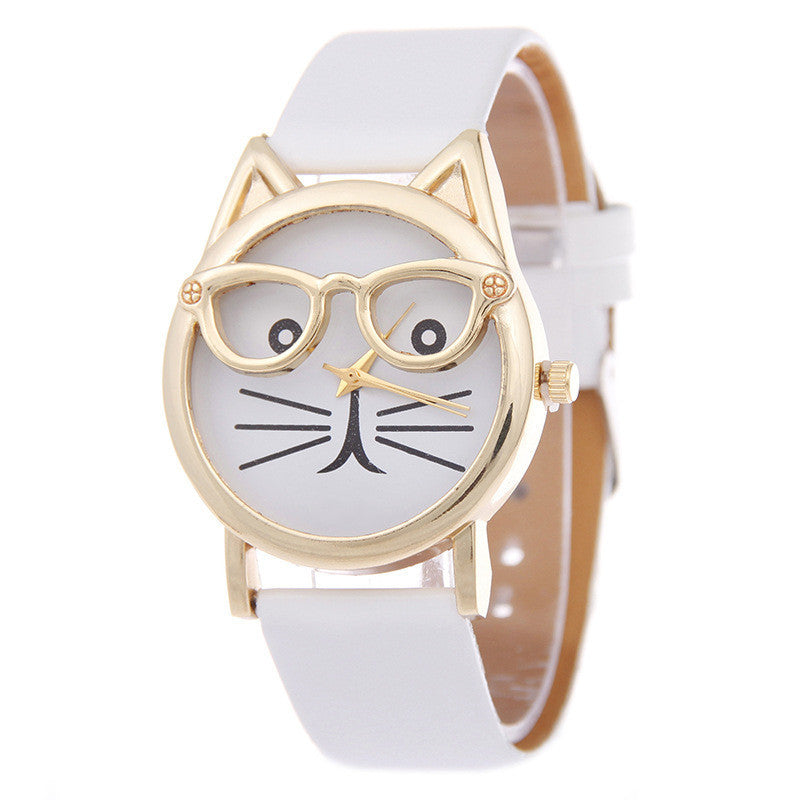 Cartoon Watch With Glasses Cat Student Belt Watch Women's Quartz Watch Gift Watch